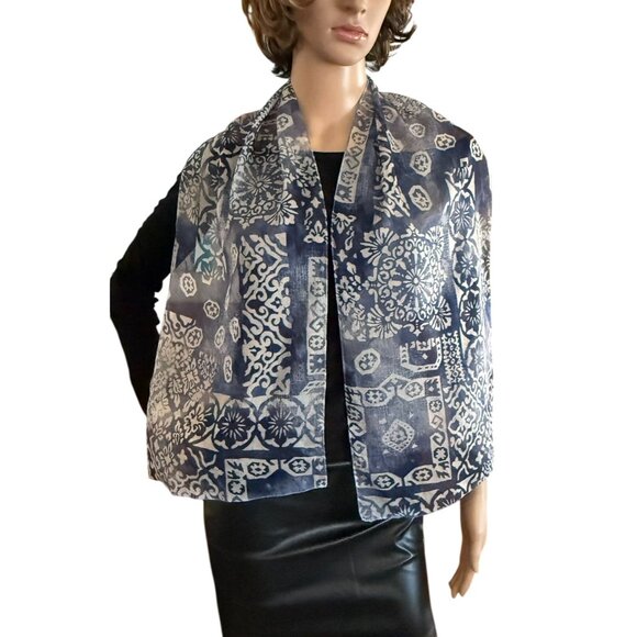 Boho Sheer Indigo Blue Floral Print Scarf Geometric for Women - 53in x 11.5in - Picture 2 of 6